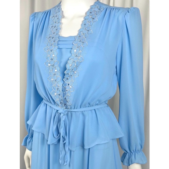 Vintage 1960’s Chiffon Belted Maxi Dress + Matching Floral Jacket in Blue • S/M - Picture 3 of 10